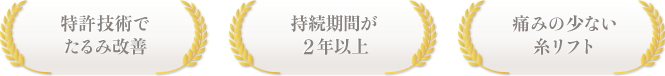 特許技術でた るみ対応／持続期間が２年以上／痛みの少ない糸リフト