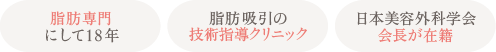 脂肪専門にして17年 / 脂肪吸引の技術指導クリニック / 日本美容外科学会会長が在籍