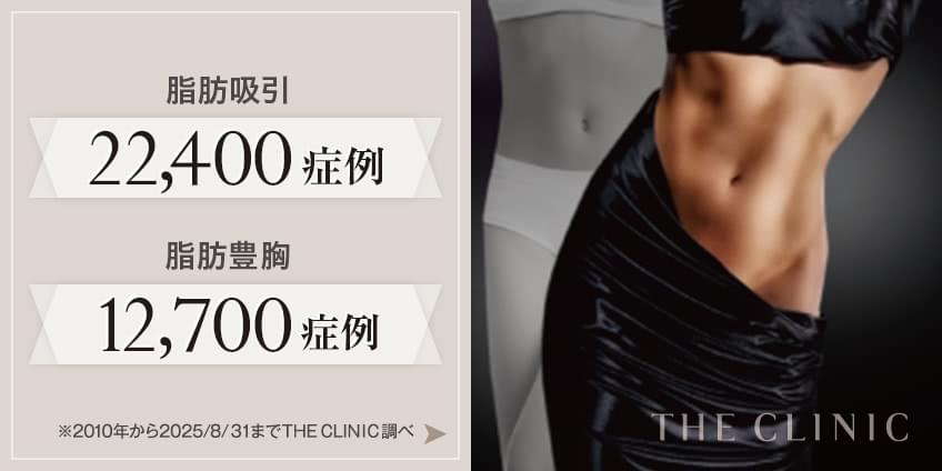 脂肪吸引 22,400症例 | 脂肪豊胸 12,700症例 2010年から2025/8/31まで THE CLINIC 調べ