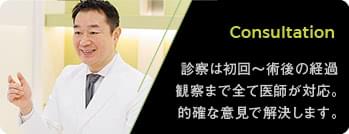 Consultation: 診察は初回〜術後の経過観察まで全て医師が対応。的確な意見で解決します。