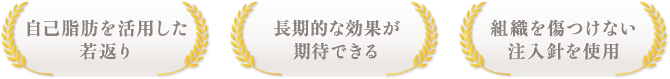 自己脂肪を活用 / 長期的な効果が 期待できる / 組織を傷つけない 注入針を使用