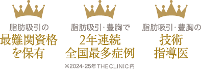 脂肪吸引の最難関資格保有 / 脂肪吸引・豊胸で2年連続全国最多症例（2024,2025年 THE CLINIC内） / 脂肪吸引・豊胸の技術指導医
