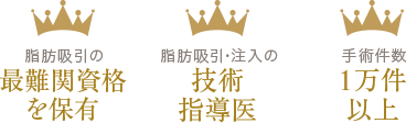 脂肪吸引の最難関資格を保有 / 脂肪吸引・注入の技術指導医 / 手術件数1万件以上
