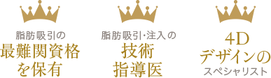 脂肪吸引の最難関資格を保有 / 脂肪吸引・注入の技術指導医 / 4Dデザインのスペシャリスト