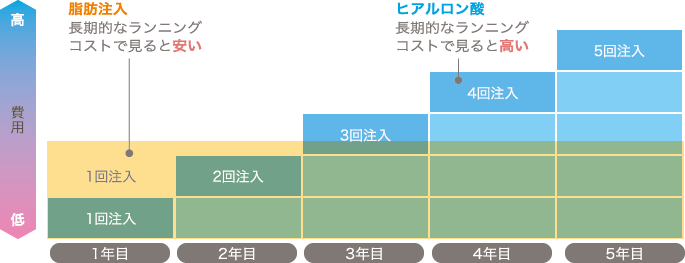 頬コケ治療の5年間のコスト比較 | 脂肪注入: 長期的なランニングコストで見ると安い / ヒアルロン酸: 長期的なランニングコストで見ると高い