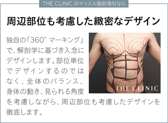 THE CLINIC のマッスル脂肪吸引なら | 周辺部位も考慮した緻密なデザイン | 独自の「360°マーキング」で、解剖学に基づき入念にデザインします。部位単位でデザインするのではなく、全体のバランス、身体の動き、見られる角度を考慮しながら、周辺部位も考慮したデザインを徹底します。