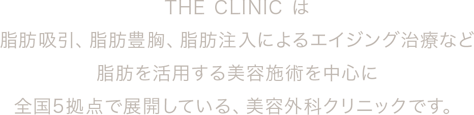 THE CLINIC は脂肪吸引、脂肪豊胸、脂肪注入によるエイジング治療など脂肪を活用する美容施術を中心に全国5拠点で展開している、美容外科クリニックです。