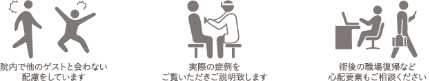 院内で他のゲストと会わない配慮をしています / 実際の症例をご覧いただきご説明致します / 術後の職場復帰など心配要素もご相談ください