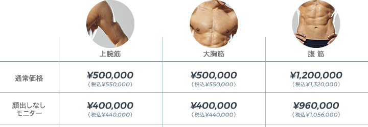 上腕筋: 通常価格: ¥500,000（税込¥550,000） / 顔出しなしモニター: ¥400,000（税込¥440,000） | 大胸筋: 通常価格: ¥500,000（税込¥550,000） / 顔出しなしモニター: ¥400,000（税込¥440,000） | 腹筋: 通常価格: ¥1,200,000（税込¥1,320,000） / 顔出しなしモニター: ¥960,000（税込¥1,056,000）