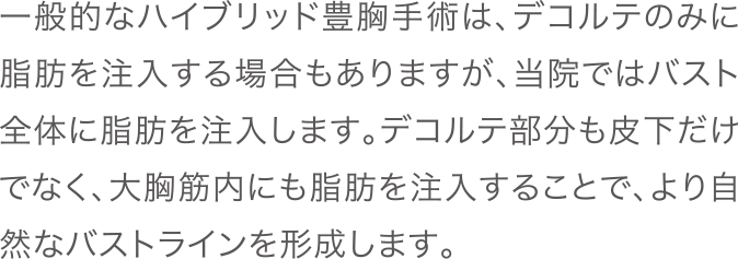 一般的なハイブリッド豊胸手術は、デコルテのみに脂肪を注入する場合もありますが、当院ではバスト全体に脂肪を注入します。デコルテ部分も皮下だけでなく、大胸筋内にも脂肪を注入することで、より自然なバストラインを形成します。