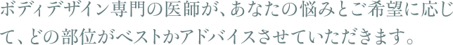 ボディデザイン専門の医師が、あなたの悩みとご希望に応じて、どの部位がベストかアドバイスさせていただきます。
