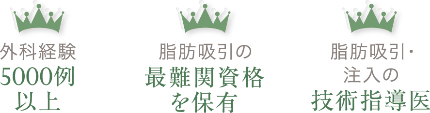 外科経験5000例以上／脂肪吸引の最難関資格を保有／脂肪吸引・注入の技術指導医