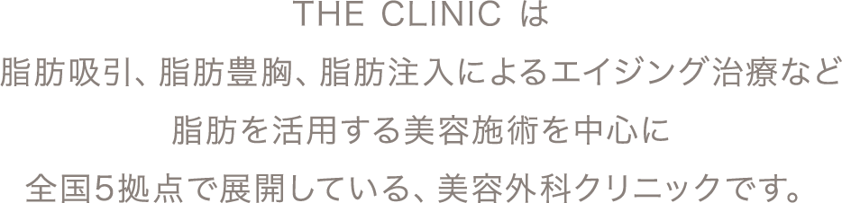 THE CLINIC は脂肪吸引、脂肪豊胸、脂肪注入によるエイジング治療など脂肪を活用する美容施術を中心に全国5拠点で展開している、美容外科クリニックです。