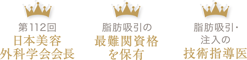 第112回 日本美容外科学会長／脂肪吸引の最難関資格を保有／脂肪吸引・注入の技術指導医