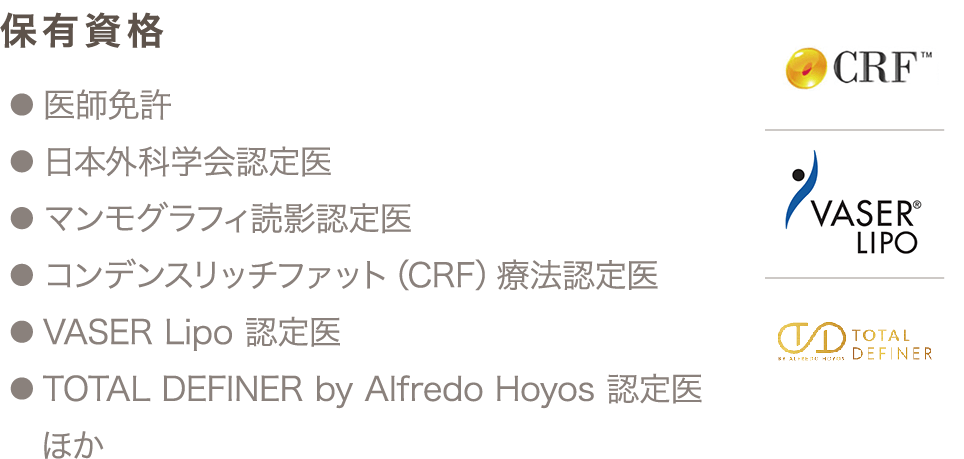 保有資格 ● 医師免許 ● 日本外科学会認定医 ● マンモグラフィ読影認定医 ● コンデンスリッチファット（CRF）療法認定医 ● VASER Lipo 認定医 ● TOTAL DEFINER by Alfredo Hoyos 認定医 ほか