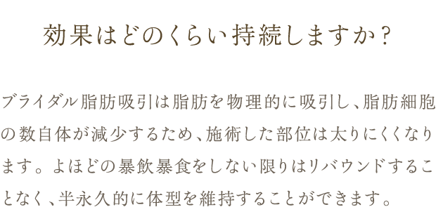Q. 効果はどのくらい持続しますか？ / A. ブライダル脂肪吸引は脂肪を物理的に吸引し、脂肪細胞の数自体が減少するため、施術した部位は太りにくくなります。 よほどの暴飲暴食をしない限りはリバウンドすることなく、半永久的に体型を維持することができます。