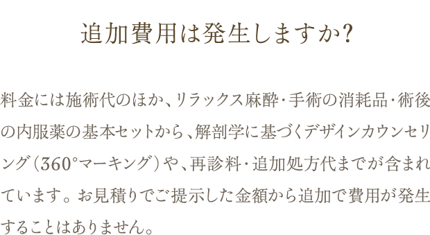 Q. 追加費用は発生しますか? / A. 料金には施術代のほか、リラックス麻酔・手術の消耗品・術後の内服薬の基本セットから、解剖学に基づくデザインカウンセリング（360°マーキング）や、再診料・追加処方代までが含まれています。 お見積りでご提示した金額から追加で費用が発生することはありません。