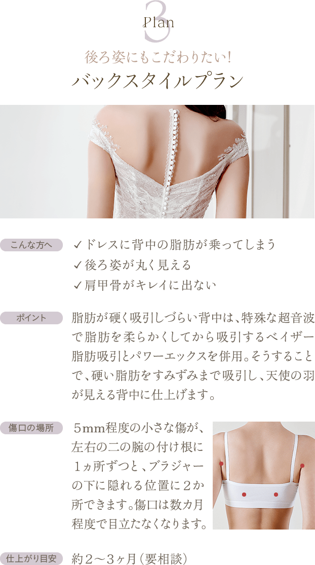 Plan3 後ろ姿にもこだわりたい! バックスタイルプラン | こんな方へ: ✓ ドレスに背中の脂肪が乗ってしまう／✓ 後ろ姿が丸く見える／✓ 肩甲骨がキレイに出ない / ポイント: 脂肪が硬く吸引しづらい背中は、特殊な超音波で脂肪を柔らかくしてから吸引するベイザー脂肪吸引とパワーエックスを併用。そうすることで、硬い脂肪をすみずみまで吸引し、天使の羽が見える背中に仕上げます。 / 傷口の場所: ５mm程度の小さな傷が、左右の二の腕の付け根に１ヵ所ずつと、ブラジャーの下に隠れる位置に２か所できます。傷口は数カ月程度で目立たなくなります。 / 仕上がり目安: 約２〜３ヶ月（要相談）